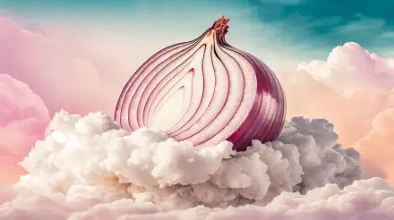 A vibrant 4K Ultra HD wallpaper featuring a sliced onion perched atop fluffy clouds, set against a dreamy pastel sky.