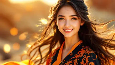 A smiling young woman with flowing hair wears a vibrant orange and black outfit, set against a warm, glowing background, making a captivating 4K Ultra HD PC desktop wallpaper.