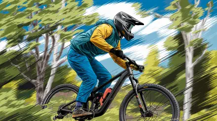 A mountain biker in full gear rides through a forest trail, captured in dynamic motion for a vibrant 4K Ultra HD cycling sports desktop wallpaper.