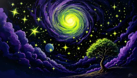 A vibrant, starry night scene featuring a swirling galaxy, sparkling stars, a serene tree silhouette, and a distant planet, designed as a 4K Ultra HD desktop wallpaper.