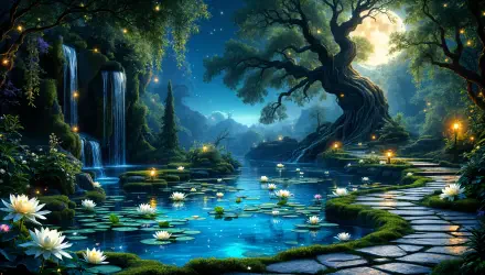 water garden magic fantasy landscape moonlit night tranquil water HD Desktop Wallpaper | Background Image