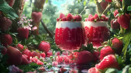 Two glasses of kefir topped with fresh strawberries are surrounded by a vibrant display of fruit and flowers, set in a lush, enchanted garden. 4K Ultra HD wallpaper background.