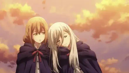 A beautifully rendered HD anime wallpaper featuring two characters from Ishura, standing closely together against a warm, sunset backdrop.