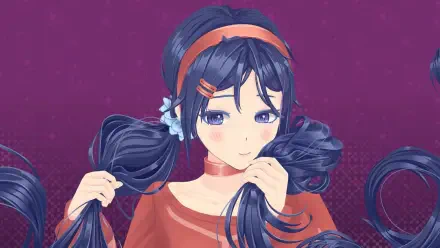 A vibrant HD PC desktop wallpaper featuring a character from the video game MiSide, showcasing a girl with long hair and a playful expression against a purple background.