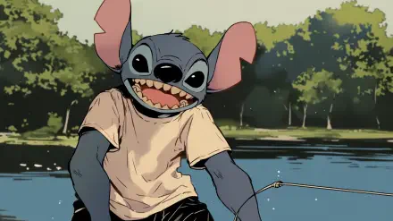 Stitch from Lilo & Stitch smiles from a lakeside setting, wearing a casual shirt. This vibrant HD wallpaper captures the playful spirit of the beloved TV show.