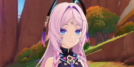 A captivating HD desktop wallpaper featuring Citlali from Genshin Impact, showcasing her striking pink hair and vibrant blue eyes against a scenic background.