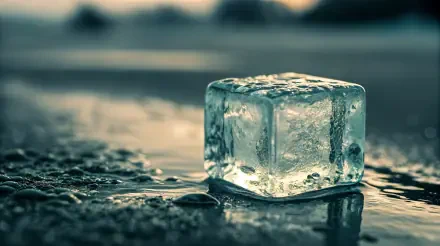 A close-up 4K Ultra HD image of a melting ice cube resting on a wet surface with water pooling around it, highlighting the clarity and texture of the ice.