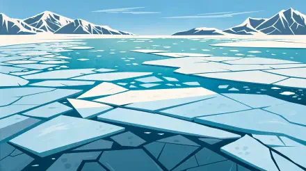 4K Ultra HD desktop wallpaper of a serene landscape featuring fragmented sea ice floating on the ocean, set against snowy mountains under a clear blue sky.