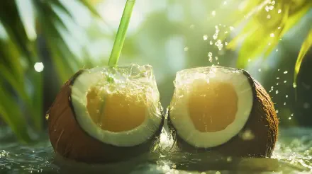 A vibrant 4K Ultra HD image of a split coconut with a straw, showcasing refreshing coconut water, surrounded by splashes and greenery, perfect for a tropical backdrop.