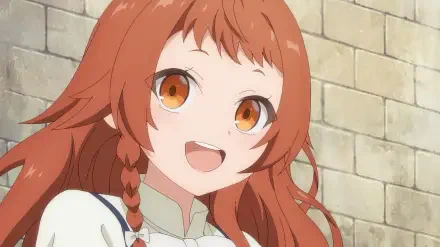 A cheerful character with orange hair and bright eyes smiles against a stone wall backdrop. From the anime Magic Maker: Isekai Mahou no Tsukurikata, this HD wallpaper adds vibrant charm.