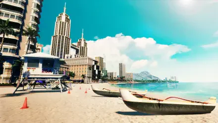 A vibrant HD wallpaper depicting a Hawaiian beach with traditional canoes and a city skyline, themed around the video game Like a Dragon: Pirate Yakuza.