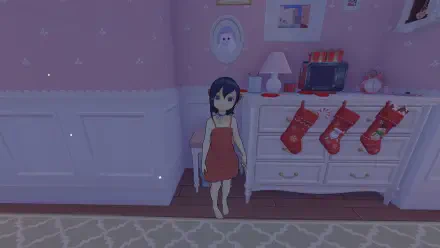 HD PC desktop wallpaper featuring a stylized animated character in a cozy room decorated with Christmas stockings and festive decor, tagged MiSide.