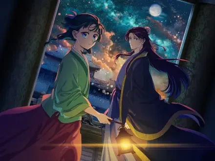 HD anime desktop wallpaper featuring Maomao and Jinshi from The Apothecary Diaries, set against a vivid, starry night sky with traditional architecture in the background.