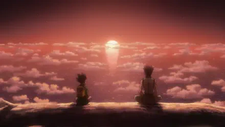 4K Ultra HD anime wallpaper featuring Gon Freecss and Ging Freecss from Hunter x Hunter sitting above clouds at sunset with the quote the route is the goal.