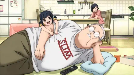 HD anime wallpaper featuring Sakamoto Days characters Taro, Aoi, and Hana Sakamoto relaxing in a cozy living room setting.