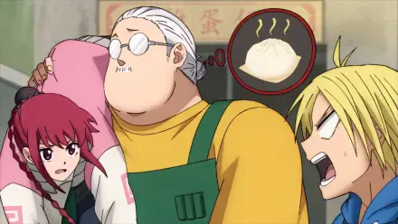 HD anime wallpaper from Sakamoto Days featuring characters Lu Xiaotang, Taro Sakamoto, and Shin in a lively, colorful scene.