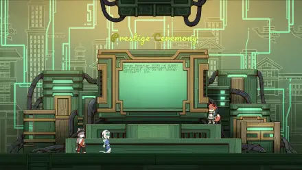 A vibrant HD wallpaper from Threefold Recital displays a stylized stage with characters interacting against a tech-inspired background featuring green tones and digital motifs.