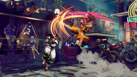 Dynamic scene from Fatal Fury: City of the Wolves, featuring intense action with a character executing a high kick in an energetic, vibrant setting full of detail and movement.