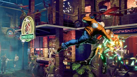 Dynamic scene from the video game Fatal Fury: City of the Wolves, featuring an intense action moment set in a vibrant bar environment, captured as an HD PC desktop wallpaper.
