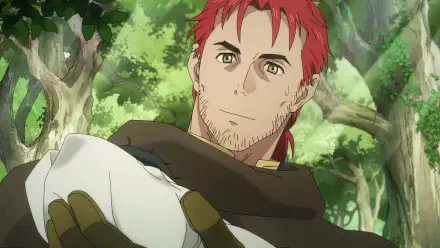A character from the anime I Left My A-Rank Party to Help My Former Students Reach the Dungeon Depths! smiles while cradling another character in a lush, green forest.