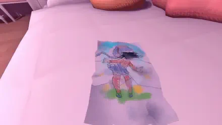 HD PC desktop wallpaper from MiSide featuring a colorful illustration of a person dancing on a grassy landscape with a blue sky background.