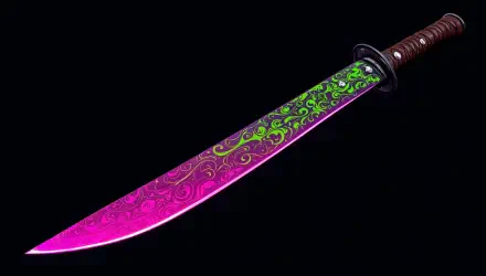 A vibrant ninja sword with intricate green and pink patterns, set against a black background, designed as a striking 4K Ultra HD PC desktop wallpaper.