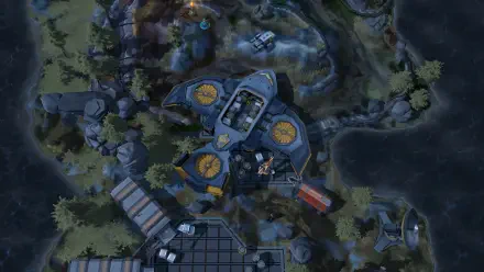 Aerial view of a futuristic base from the video game IDUN - Frontline Survival, showcasing intricate details and terrain in a vibrant 4K Ultra HD setting.