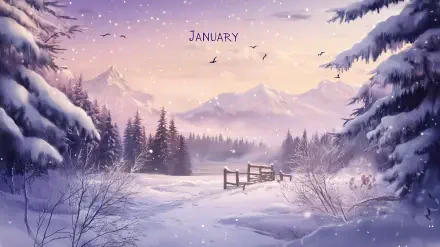A serene January landscape features a snow-covered scene with mountains in the background, evergreen trees, and softly falling snow, creating a tranquil winter atmosphere.