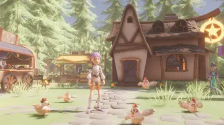 A vibrant HD desktop wallpaper from the video game Magic Inn, featuring a character surrounded by chickens and a charming inn set in a lush, green environment.