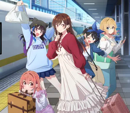 HD PC desktop wallpaper featuring anime characters from Rent-A-Girlfriend at a train station, showcasing vibrant colors and dynamic poses.