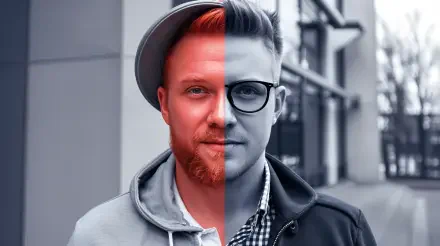 A striking split personality concept showcased in this 4K Ultra HD wallpaper, featuring a man with contrasting facial halves: one vibrant in color and the other in monochrome.