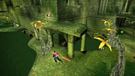 A vibrant HD wallpaper depicting a scene from Star Wars Episode I: Jedi Power Battles, featuring a character with a lightsaber navigating a lush, green environment with striking architecture.