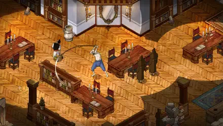 A vibrant 4K Ultra HD wallpaper from the video game The Stone of Madness, showcasing a dynamic scene in a richly detailed library setting with characters in action.