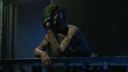 Judy from Cyberpunk 2077 leans against a railing, showcasing her vibrant green hair and tattoos in this atmospheric HD desktop wallpaper. 