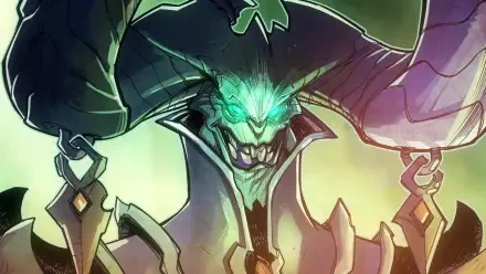 Darksiders Genesis HD PC desktop wallpaper: grinning demon with glowing Evil Eye, magical aura, horns and jagged armor against a smoky, colorful background.