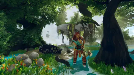 A vibrant scene from the video game Aloft, featuring a character standing by a serene body of water surrounded by lush greenery and colorful flowers, captured in stunning 4K Ultra HD.