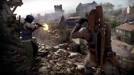 A dramatic scene from Sniper Elite: Resistance, showcasing two soldiers in a destroyed landscape, emphasizing tactical gameplay in a 4K Ultra HD setting.
