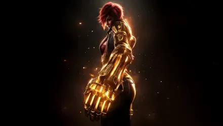 4K Ultra HD Arcane PC desktop wallpaper featuring a character with glowing mechanical arm and fiery red hair against a dark background.