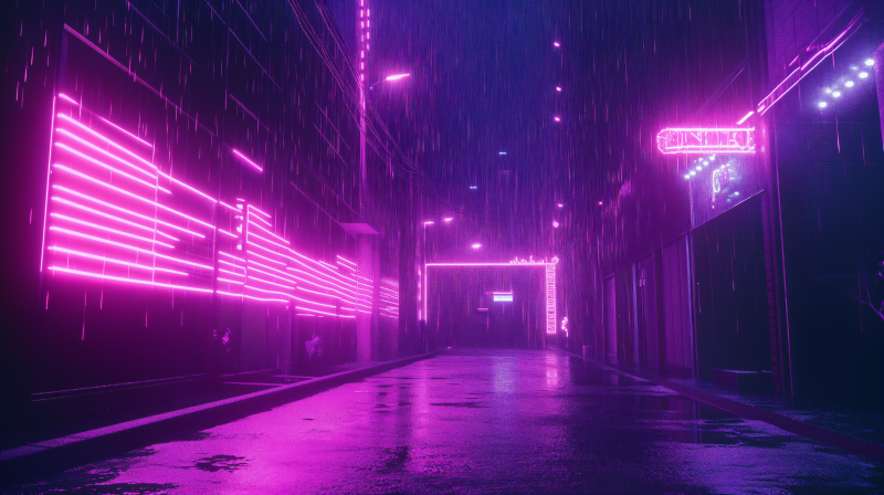 {{ A vibrant alley illuminated by pink neon lights, reflecting on wet pavement, creates a captivating and immersive atmosphere in this 4K Ultra HD desktop wallpaper. 