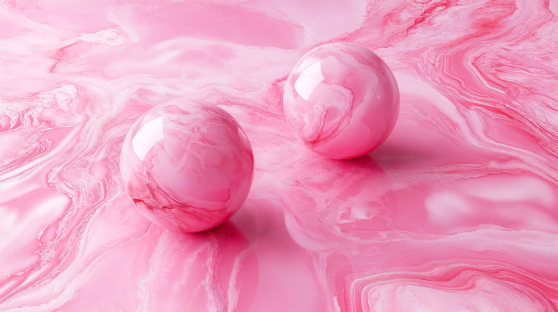 {{ A vibrant pink marble background featuring two glossy pink spheres, creating a striking pink aesthetic. This 4K Ultra HD desktop wallpaper adds a touch of elegance to any screen. 