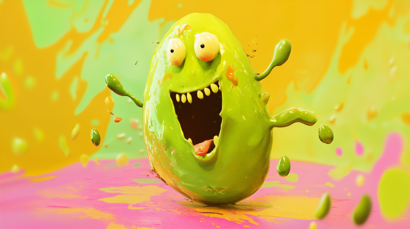 {{ A vibrant, cartoonish green edamame character joyfully splashes in front of a colorful background, showcased as a 4K Ultra HD PC desktop wallpaper and background. 