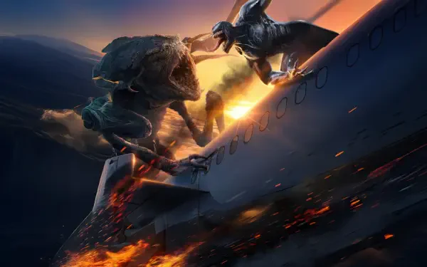 Dynamic 4K Ultra HD wallpaper from Venom: The Last Dance, featuring an intense battle between Venom and a monstrous foe against a fiery backdrop.