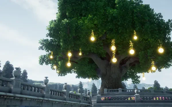 A vibrant HD wallpaper from Romancing SaGa 2: Revenge of the Seven, featuring a majestic tree adorned with glowing orbs, set against a serene landscape.