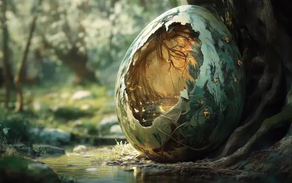 A fantasy-themed HD desktop wallpaper depicting a large, cracked egg nestled by a serene stream, illuminated by soft light and surrounded by lush greenery.