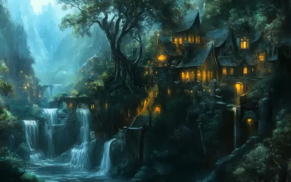 A mystical elven city nestled among lush greenery, featuring illuminated buildings and cascading waterfalls, creating a serene fantasy atmosphere. HD PC desktop wallpaper and background.