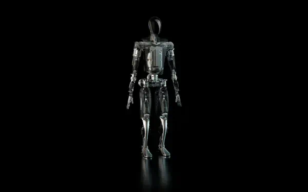 4K Ultra HD desktop wallpaper featuring Tesla Optimus robot, also known as Tesla Bot, standing against a black background with reflective surface.