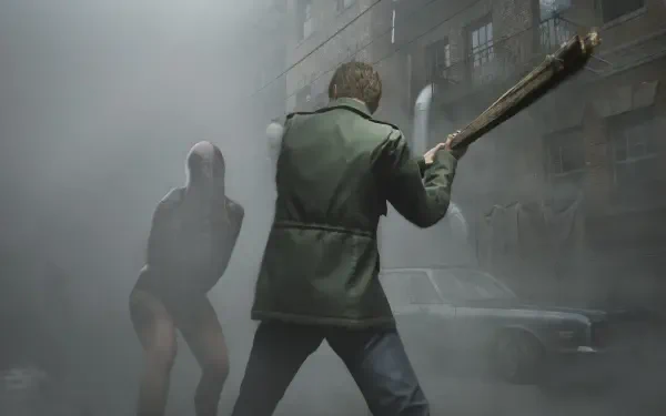A dramatic scene from the video game Silent Hill 2, featuring a character wielding a bat in a foggy, desolate street, capturing the game's intense atmosphere. HD PC desktop wallpaper.