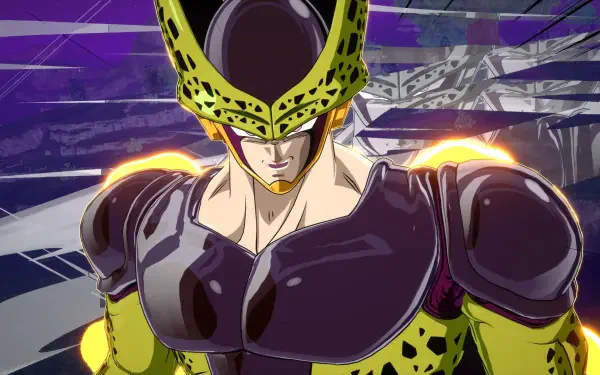 Close-up of Cell from DRAGON BALL: Sparking! ZERO, showcasing his distinctive purple and green design against a dynamic background, rendered in high-definition for a striking desktop wallpaper.