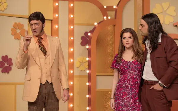 A scene from the movie Woman of the Hour, featuring a tense moment between three characters against a vibrant, retro-themed background, showcasing 4K Ultra HD detail.