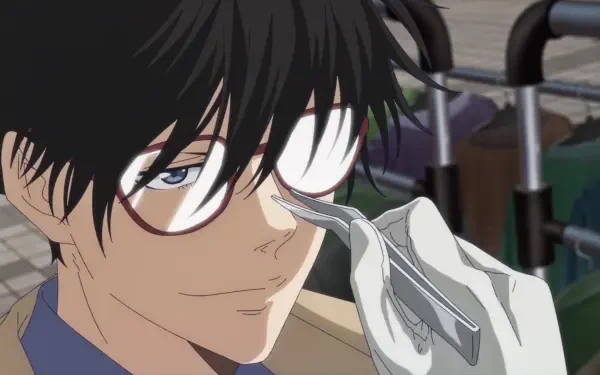 A character from Ron Kamonohashi's Forbidden Deductions smiles confidently, wearing glasses, as a gloved hand approaches with a tool, captured in vibrant anime style for a desktop wallpaper.